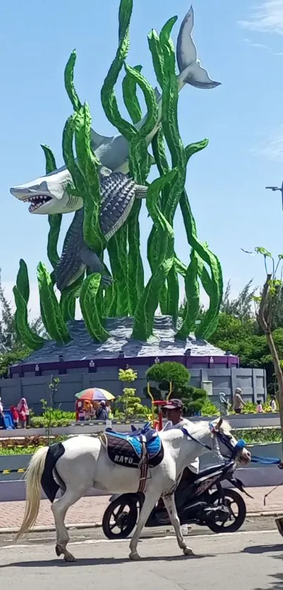 Surabaya shark and crocodile statue with green landscape, sunny day urban scenery.