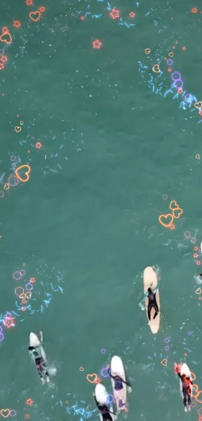 Surfers on turquoise water with colorful heart doodles.