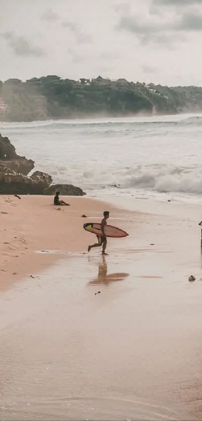 Surfers enjoying a scenic beach with cliffs and waves under a clouded sky.