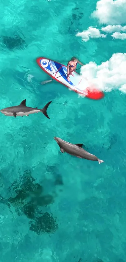 Surfer on a vibrant ocean with sharks and dolphins.