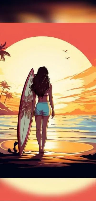 Surfer with board at sunset on a tropical beach, vibrant orange sky.