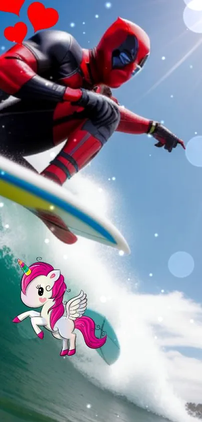 Superhero surfing with unicorn in ocean fantasy scene.