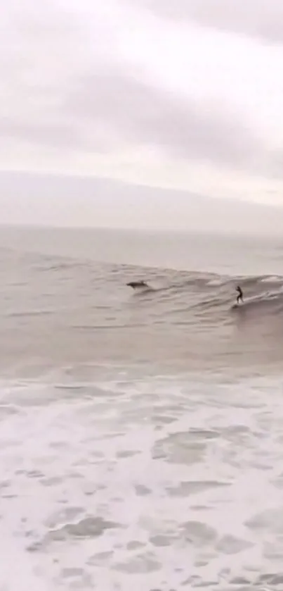 Surfer gliding on calm ocean waves under cloudy sky.