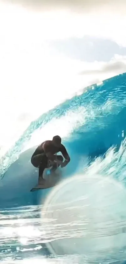 Surfer riding a large azure wave on a bright sunny day.