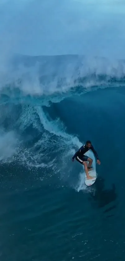 Surfer expertly rides a powerful ocean wave.