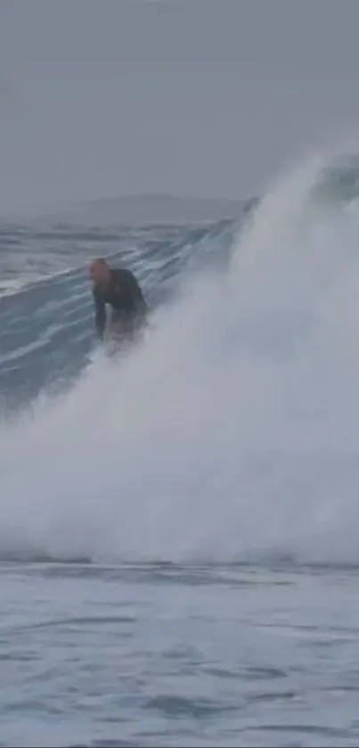 Surfer expertly navigates a large wave.