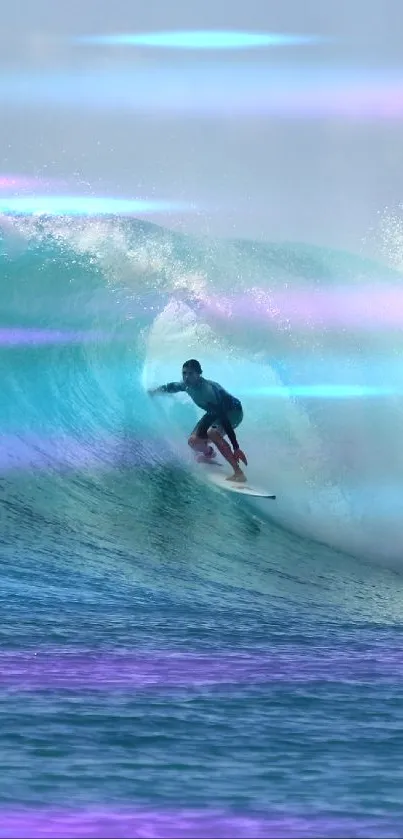 Surfer skillfully riding a turquoise ocean wave.