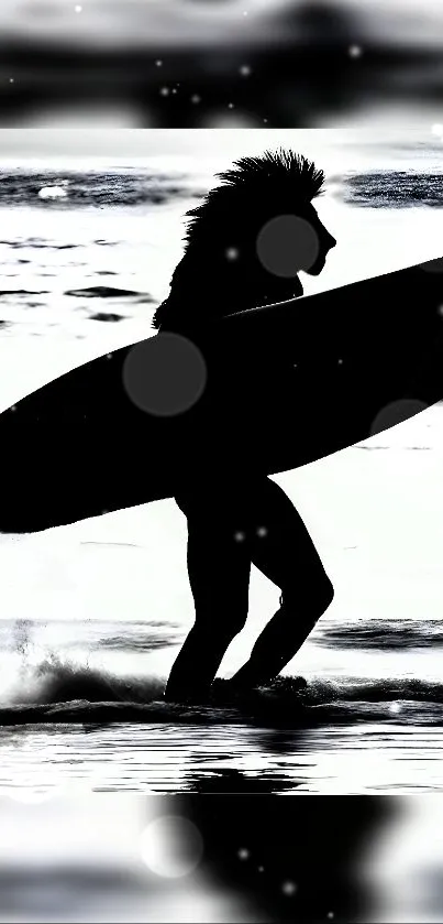 Silhouette of a surfer carrying a board by the ocean.