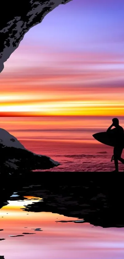 Silhouetted surfers at sunset with vibrant ocean hues.