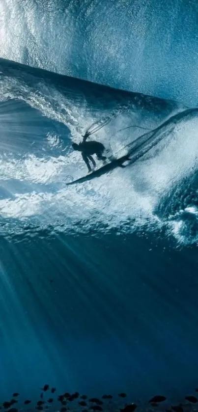 Surfer riding a massive ocean wave, illuminated by sunlight.