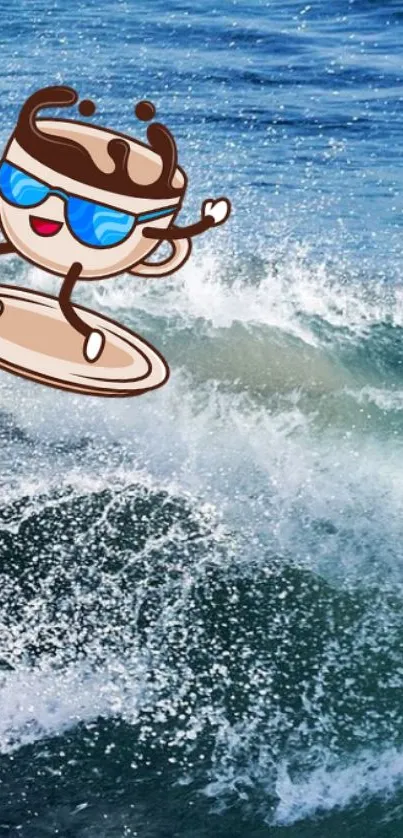 Cartoon coffee cup surfing on ocean waves.