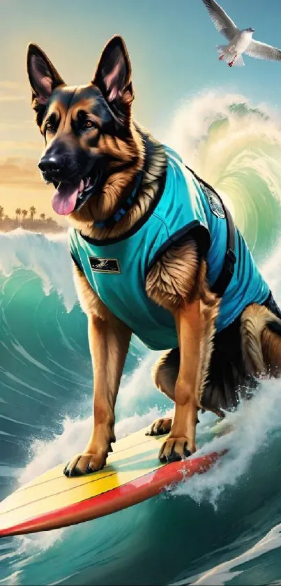 A dog surfing on waves with a bird overhead.