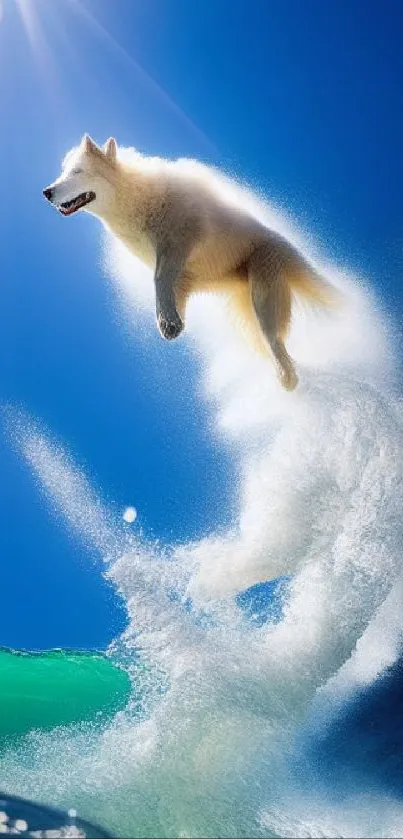 Dog surfing through a brilliant blue sky and ocean waves.