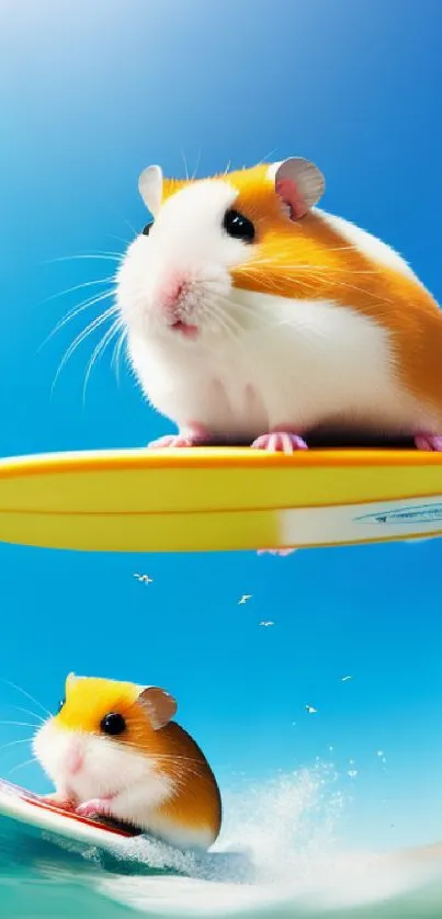 Two cute hamsters surfing on a sunny beach with blue skies.