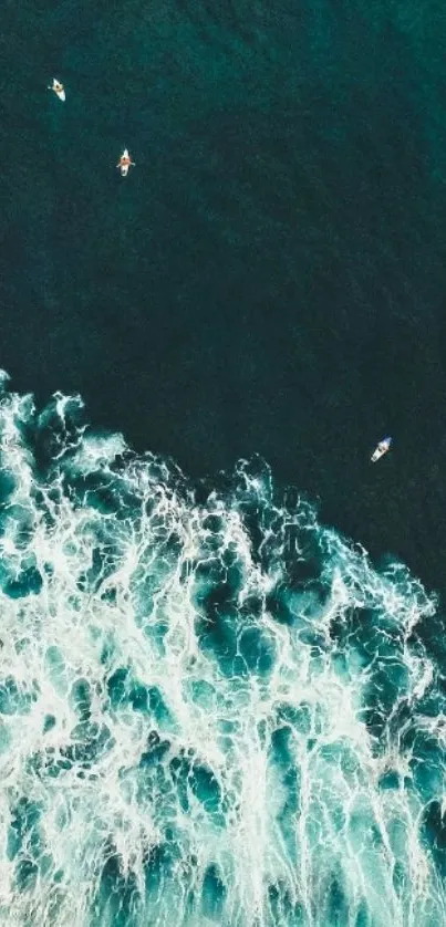 Surfers navigating turquoise waves in ocean landscape wallpaper.