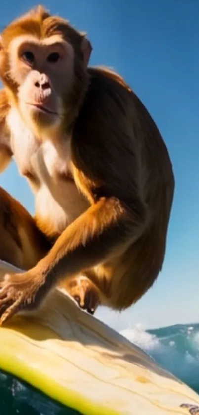 Monkey surfing on ocean waves under a clear sky