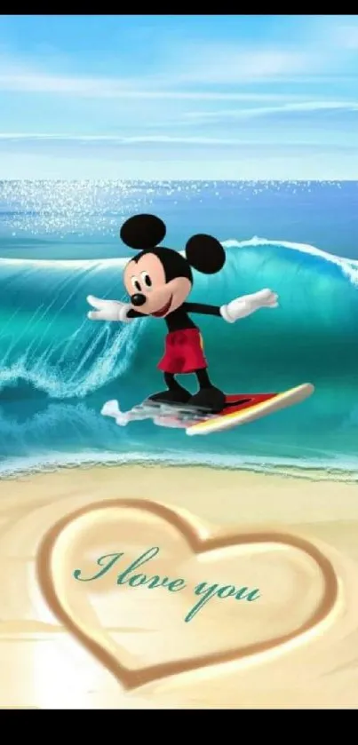 Cartoon mouse surfing with heart and 'I love you' on sandy beach.