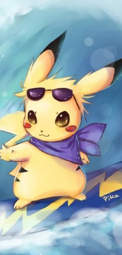 Pikachu surfing a wave with sunglasses and scarf in a vibrant cartoon style.