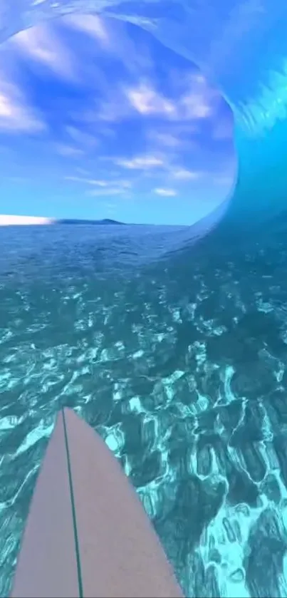 Dynamic ocean wave surfing wallpaper with surfboard view.