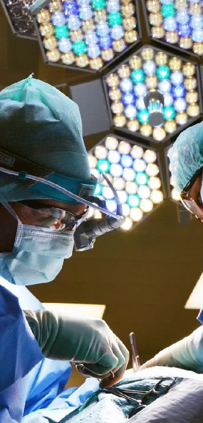 Surgeons operating under bright lights in an OR.