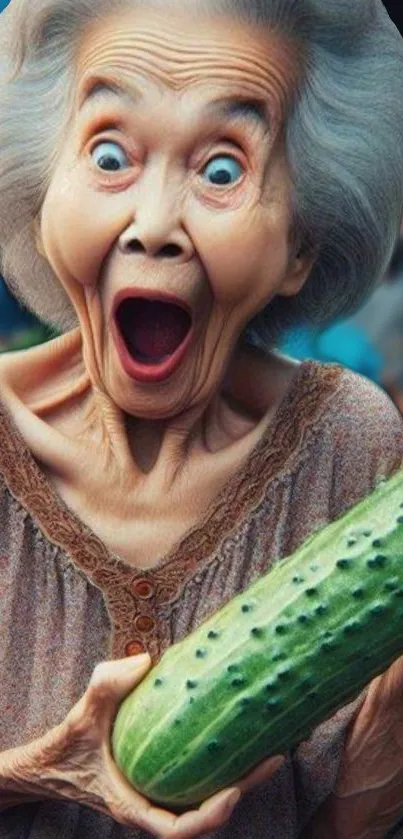 Elderly woman surprised while holding a large cucumber.