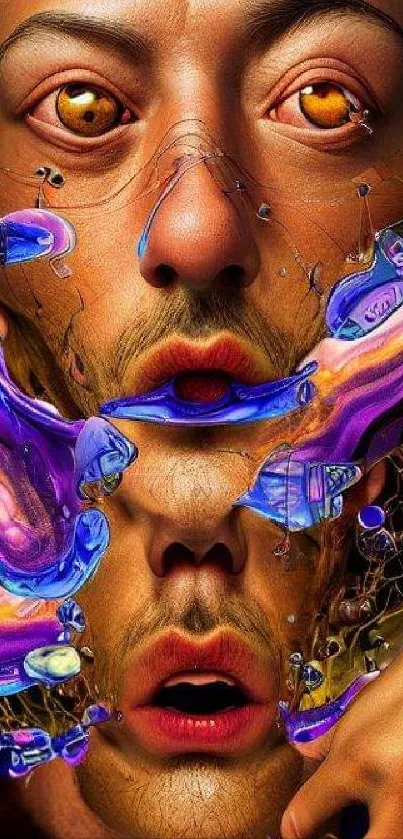 Surreal abstract wallpaper with vivid colors and distorted facial elements.