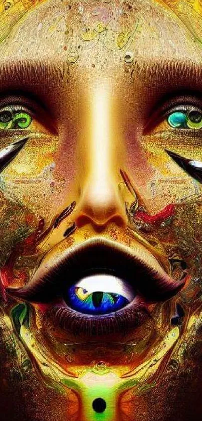 Surreal abstract face art with rich colors and intricate design.