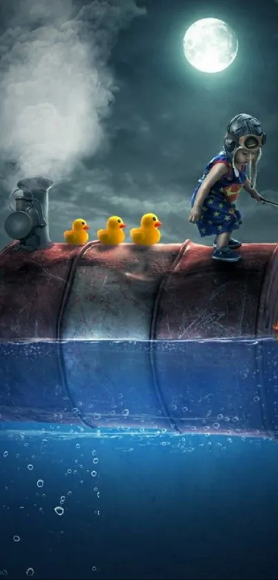 Surreal scene with ducks on a floating barrel under a moonlit sky.