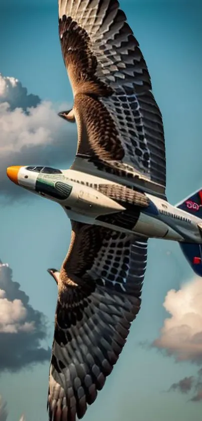 Surreal bird-airplane hybrid flying in the sky with clouds.