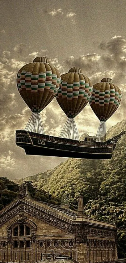 Surreal airship with hot air balloons above landscape.