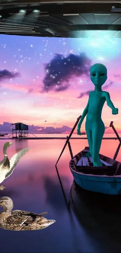 Alien figure on boat under UFO at sunset with ducks.