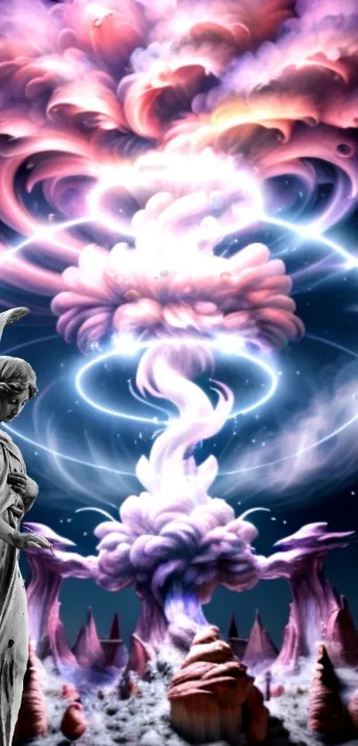 Surreal wallpaper featuring angelic statue under vibrant cosmic clouds.