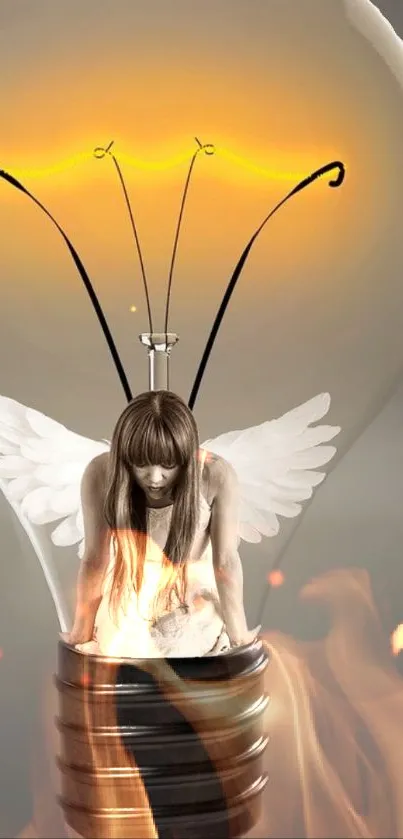 Surreal wallpaper of angel inside a glowing lightbulb.