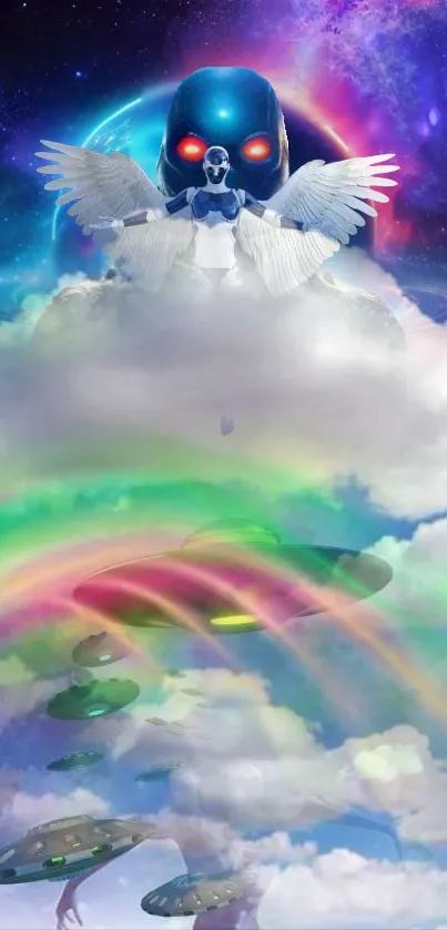 Surreal artwork of an angel with wings above clouds and UFOs in space.