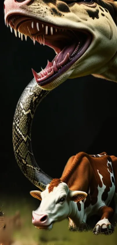 Surreal art of a cow with a snake tail in a dark green background.