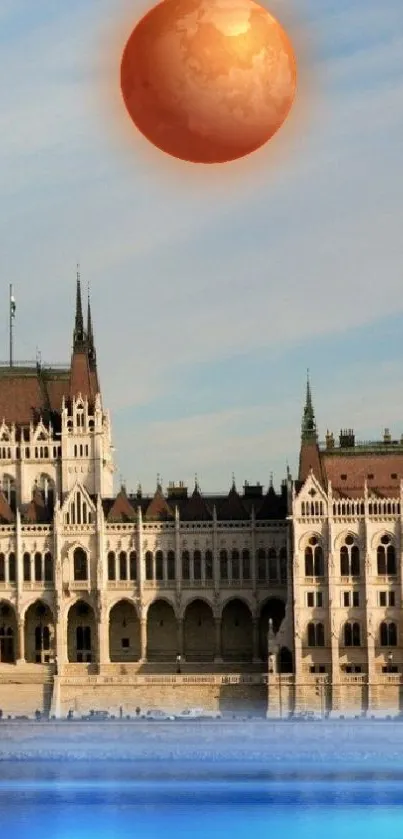 A historic building under a surreal red Mars on a pale blue sky.