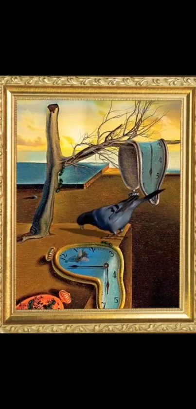 Surreal painting of melting clocks in a landscape.