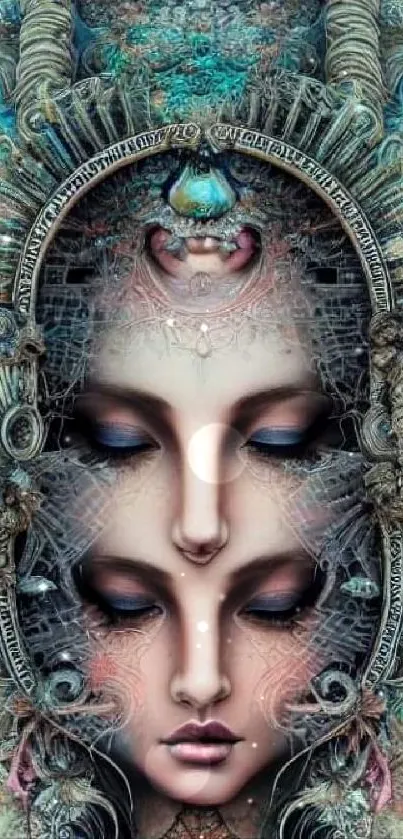 Surreal artwork featuring multiple intertwined faces in intricate detailing.