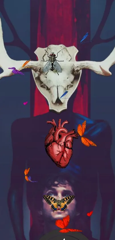 Surreal wallpaper with moose skull, heart, and colorful butterflies.