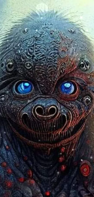 Surreal blue-eyed creature with textured artistic detail.