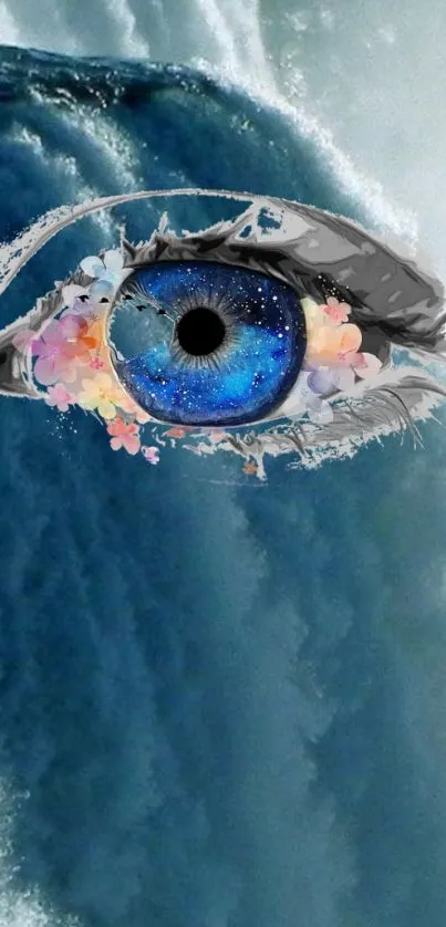 Surreal artistic eye with blue hues and floral accents.