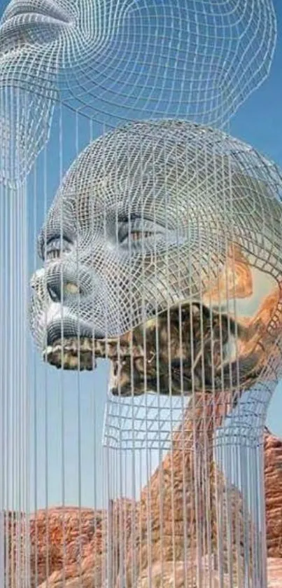 Surreal wireframe face sculpture against blue sky.