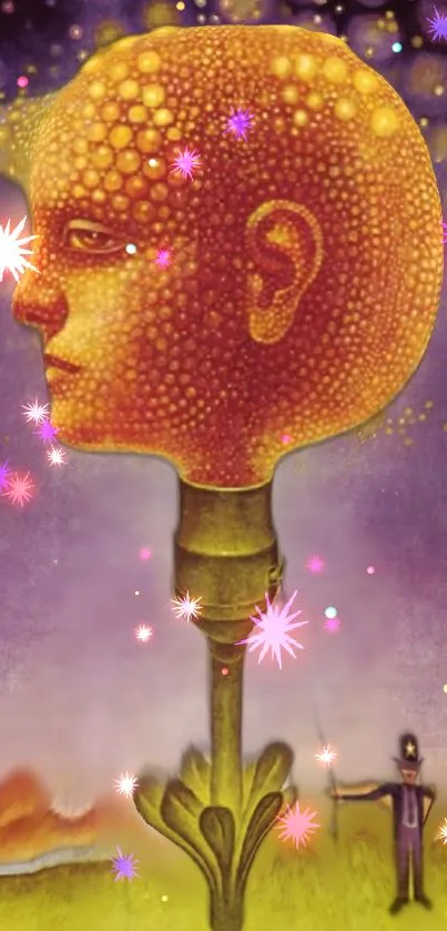 Surrealist artwork featuring a textured, glowing head on a stem with cosmic hues.