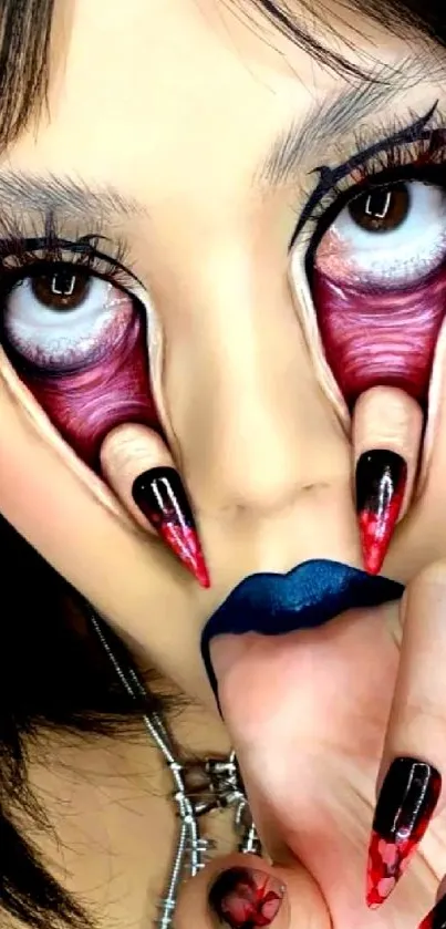 Surreal makeup art with bold red-black design.