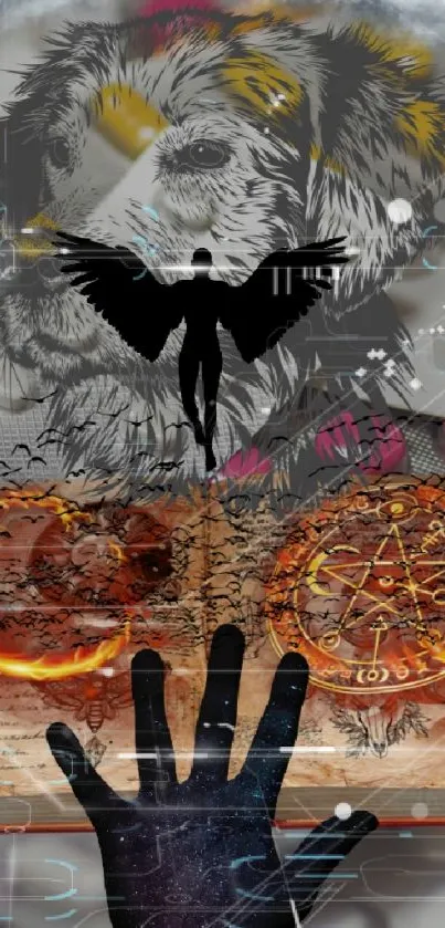 Surreal wallpaper with angel silhouette and pills.