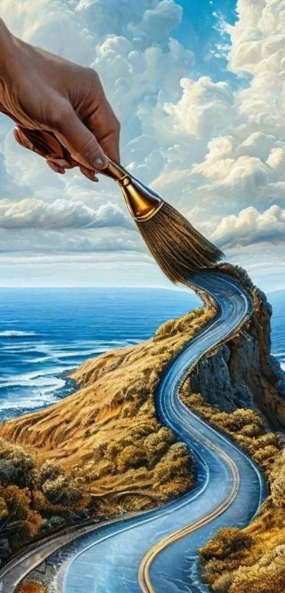 Surreal road and paintbrush art wallpaper, merging nature and creativity.