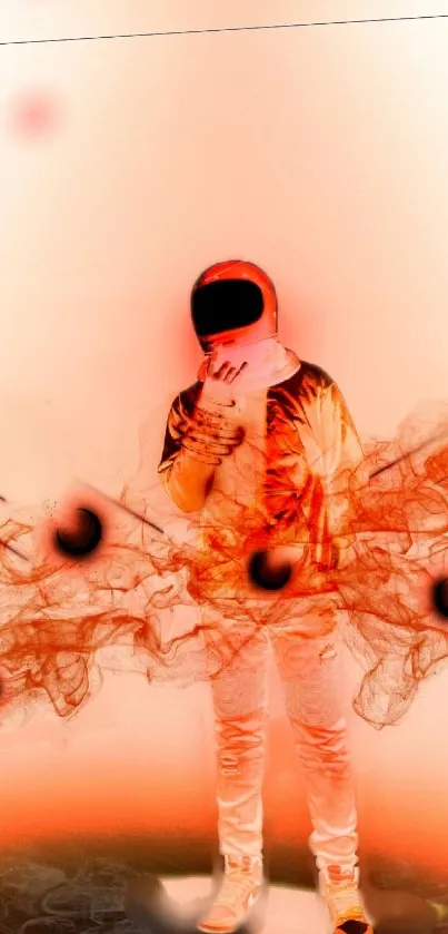 Surreal orange astronaut artwork with abstract smoke and cosmic elements.