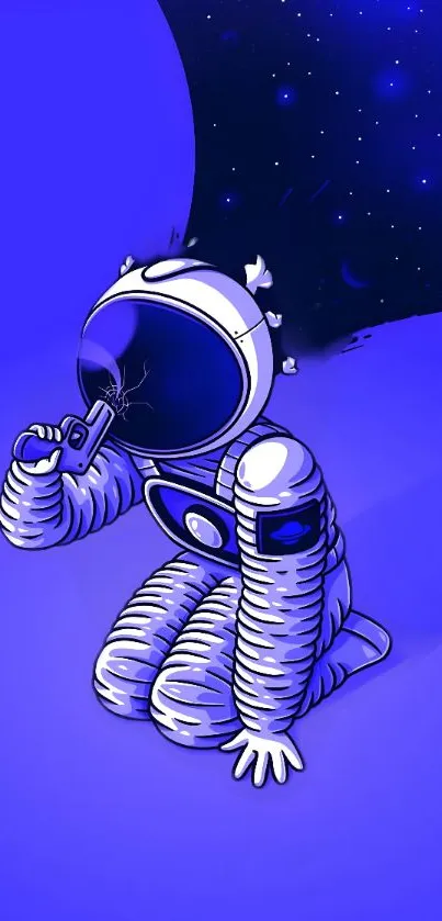 Surreal astronaut art with a blue cosmic background.