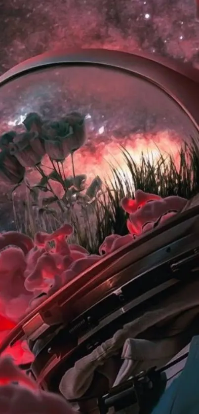 Surreal astronaut's view with roses and space.