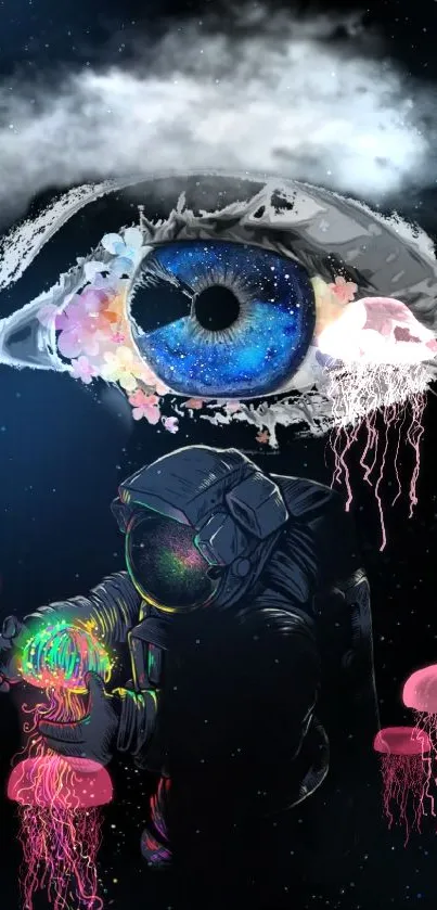 Surreal astronaut with blue eye and jellyfish in cosmic art wallpaper.